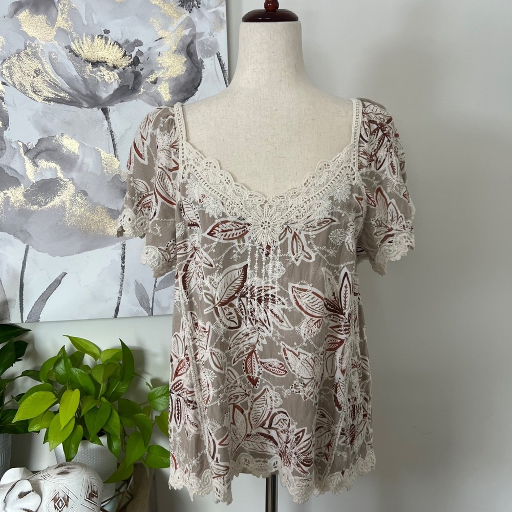 Womens Top Large Embroidered Floral Boho Fairy Cottage Prairie Flowy Tropical